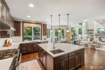 Open flow from kitchen to family room for seamless entertaining. Newly updated chef’s kitchen with white quartz slab counters.