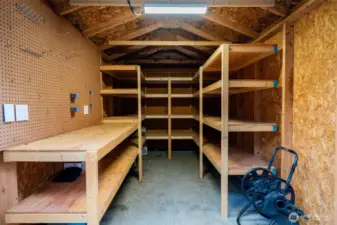 Shed in the backyard with built-in workbench and storage shelves - keeps you organized and