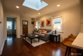 Cozy living room with skylight for extra natural light