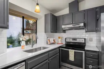 Garden window behind kitchen sink is a great place for plants!