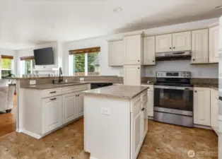 Beautifully updated kitchen featuring a spacious island and sleek newer appliances