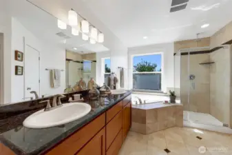 Luxurious primary bathroom with two sinks, private water closet, soaking tub and beautiful views.