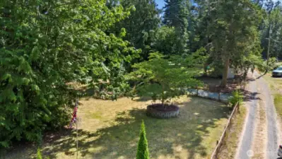 Drone view of the front yard and the right side of the horseshoe driveway.