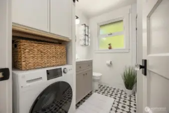 Euro inspired all in one washer and dryer for efficiancy living.  In the cabinet above is the hot water heater.