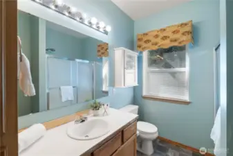 The full bathroom upstairs has ample space for all your needs.