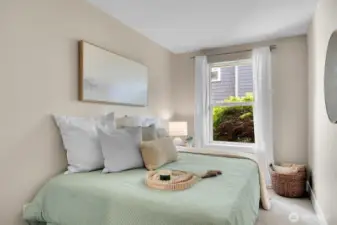 Sunny south facing ground floor bedroom. Closet out of shot to the left.