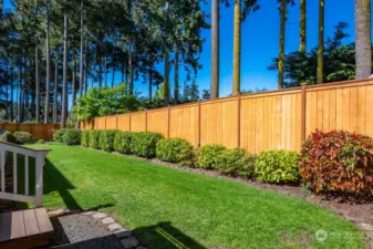 Manicured yard with tall privacy wood fence.