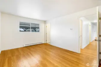 This is the primary bedroom, which faces the backyard. The bathroom is a 3/4 bath.