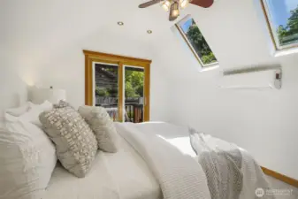 Skylights have electronic solar shaded on them and mini-split for heat and air.