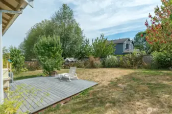 Spacious yard with nice deck, mature landscaping, garden area and greenhouse.