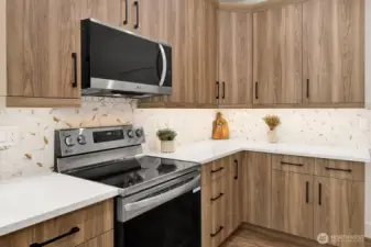 Gorgeous kitchen (quartz counter tops, tile backsplash, & pantry),
