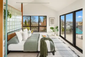 Serene master bedroom retreat with Mt. Rainer views and deck