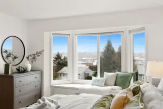 View over Salmon Bay, Ballard Bridge and the Cascades