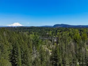 Drone shot of land and area surrounding Peissner Rd to Mt Rainier.