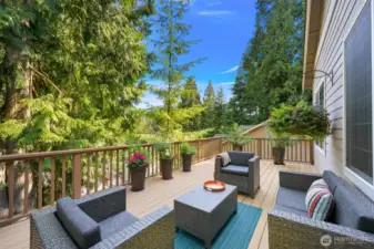The second story deck off the main floor living room is spacious, private and cozy.