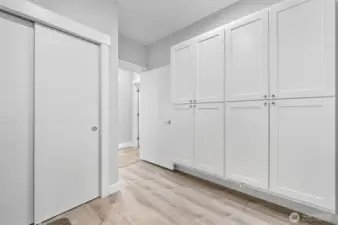 Storage closets and cabinets in the laundry room
