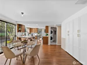 Open eat in dining and kitchen layout with built-in pantry and easy access to the back patio and back yard.