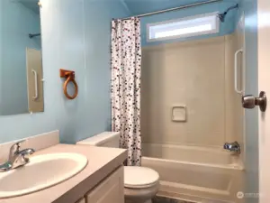Hall / guest bath with new faucet on the tub / shower and sink and also has upgraded lighting