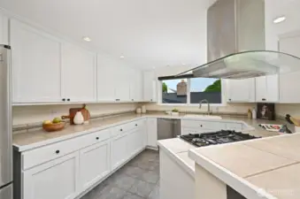 Kitchen has gas with newer cooking hood.