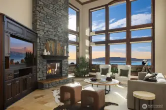 Sunlight pours through towering windows highlighting the main level. A custom two-story real stone fireplace with custom inlays and travertine hearth brings warmth to the room while you enjoy the built-in entertainment cabinetry with a 60" hi-definition TV.