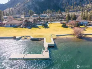 Community lawn, clubhouse, and dock