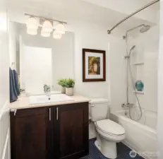 Guest bath with dramatic penny tile.