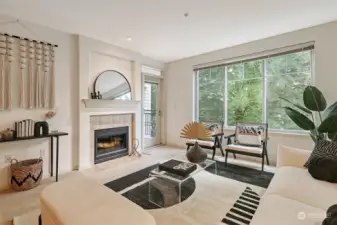North-facing cozy and large living area with window overlooking tree-lined street, electric fireplace, custom window treatments and door to covered deck.
