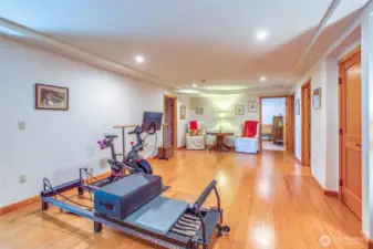This is the lower bonus room looking toward the studio/office room, guest bath though the door, guest room to the distant right and laundry room to the right + a closet