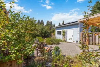 This single-car detached garage for added convenience and storage.