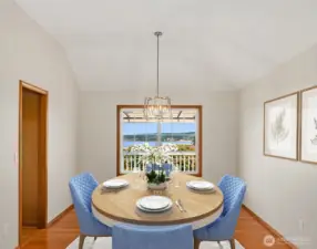 Dining Room Featuring Vaulted Ceilings, Designer Lighting & Gorgeous Views