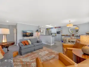 Living room, dining room, and kitchen.