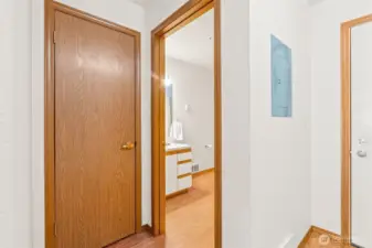 Under stair storage closet on left.