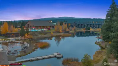 During the winter season at Suncadia Resort, the pond area next to the Swim & Fitness Center transforms into a charming outdoor skating experience.