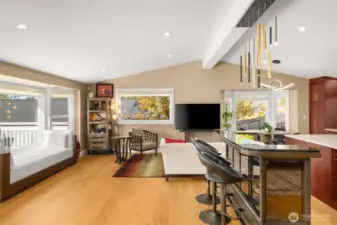 Spacious living room with a bay window.