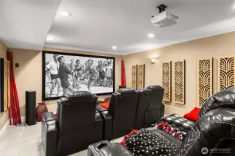Movie theater room with new carpet,a platform and walk-in storage closet.