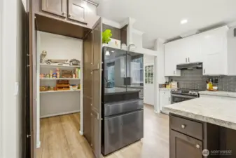 Oversized walk-in pantry hidden in plain sight adds a fun and practical surprise.