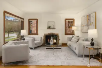 Warm living room, fire added for visual aid buyer to verify functionality.