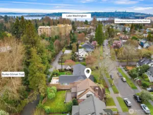 Aerial view facing East showcasing easy access to Burke Gilman Trail, Lake Washington & University of Washington.