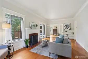 Built-ins and french doors and fir floors.. so lovely