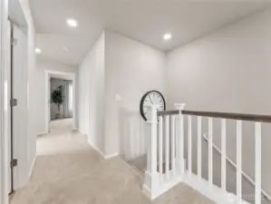 Carpeted upper landing with crisp white balustrade and recessed lighting links bedrooms and laundry for smooth daily flow. Pictures are for representational purposes only, colors and features may vary.