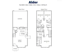 Alder’s 1,399-sq-ft floor plan unites an open great room and alley-load garage below with three bedrooms and upstairs laundry above. Pictures are for representational purposes only, colors and features may vary.