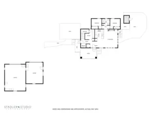Site plan: lower floor plan, patios and garage