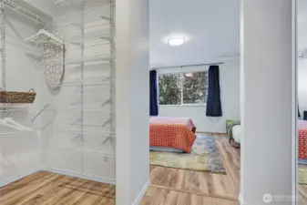 Large walk-in closet in the bedroom with built-in shelving.