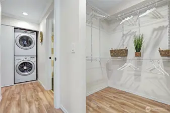 Hallway off bedroom with large walk-in closet and extra closet on the other side. Laundry in-unit.