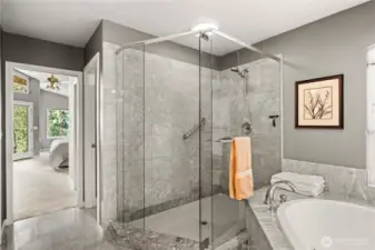 The oversized shower in the master bathroom offers a wonderful option when time doesn't allow for a soak in the amazing bathtub.