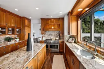 Kitchen with DCS gas range oven and cooktop with griddle. Plenty of can lights and under counter lighting. Double drawer Fisher & Paykel.  Brizo kitchen faucet set with hot water dispenser.