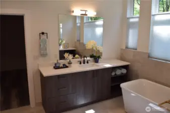 View Showing one of the  Ensuite Vanities and Modern Soaking Tub.