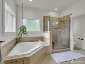 Beautifully tiled shower and jetted tub.