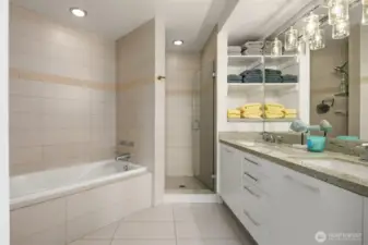 Soaking tub and shower with dual sinks & excellent storage.