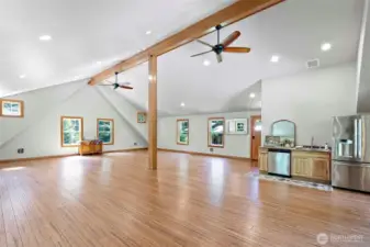 Inside the rec room with kitchenette & bathroom